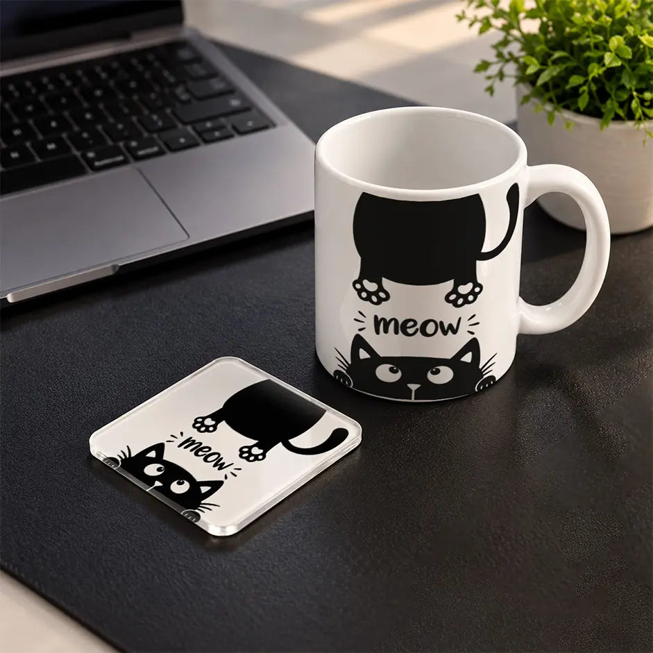 Meow Cats Set mug and acrylic coaster set - ARTIVA