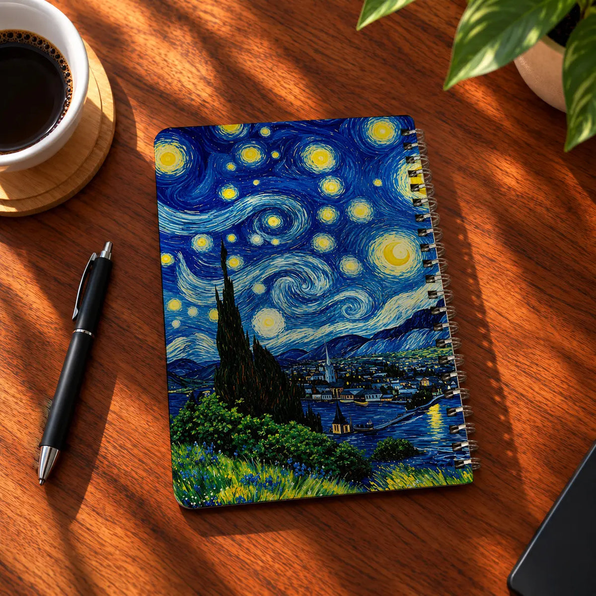 Starry Night A5 wooden notebook with high-quality printed cover - ARTIVA