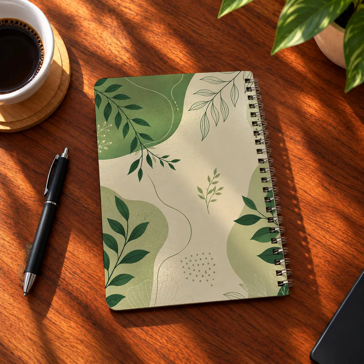 Green Leaves A5 wooden notebook with high-quality printed cover - ARTIVA