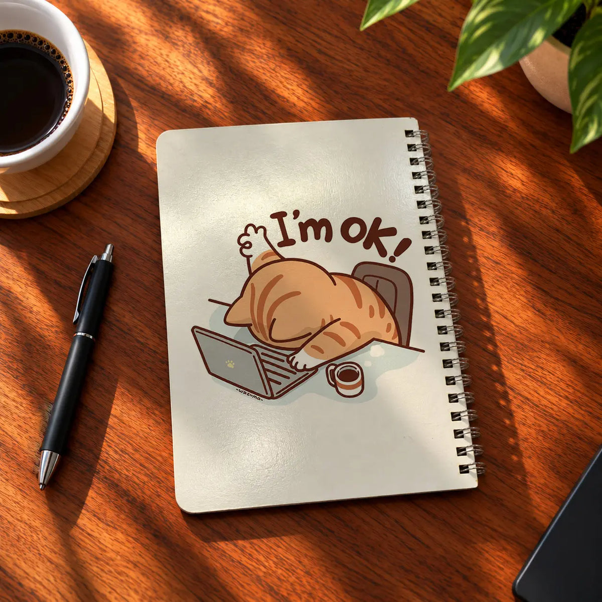 Sleepy Cat A5 wooden notebook with high-quality printed cover - ARTIVA
